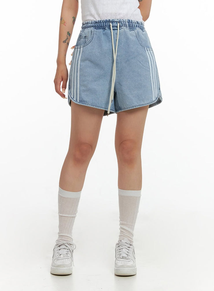 string-waist-stripe-denim-shorts-cl415 / Light blue