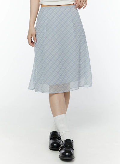 chiffon-flare-plaid-midi-skirt-iy507 / Light blue