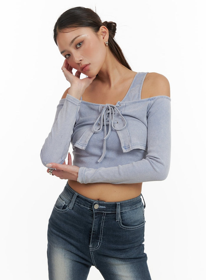 x-strap-corset-off-shoulder-cropped-long-sleeve-cy402 / Light blue