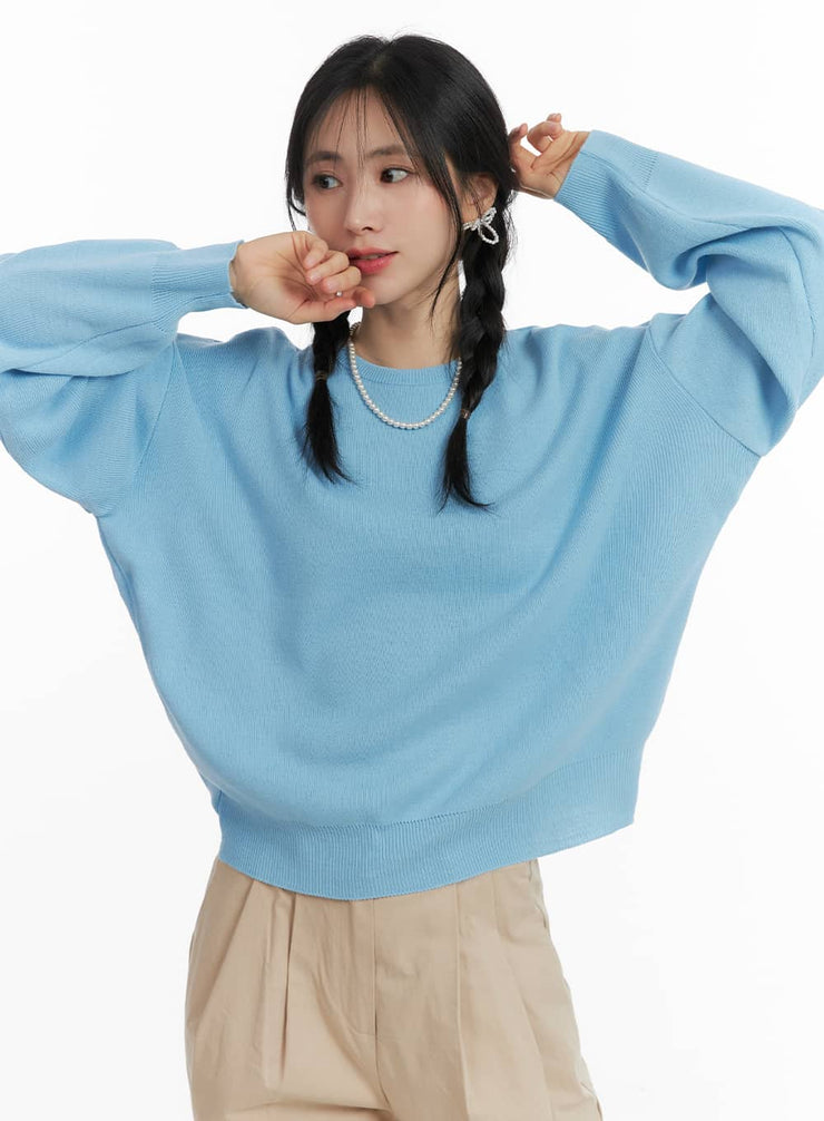 solid-round-neck-knit-sweater-om411 / Light blue