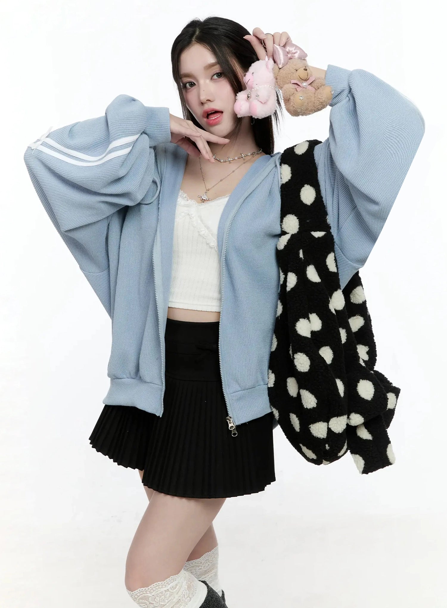 contrast-oversized-zip-up-hoodie-io527 / Light blue