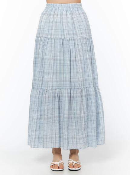 plaid-ruffle-long-skirt-iu519 / Light blue