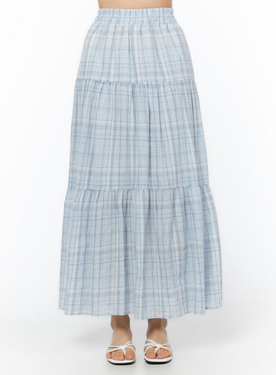 plaid-ruffle-long-skirt-iu519 / Light blue