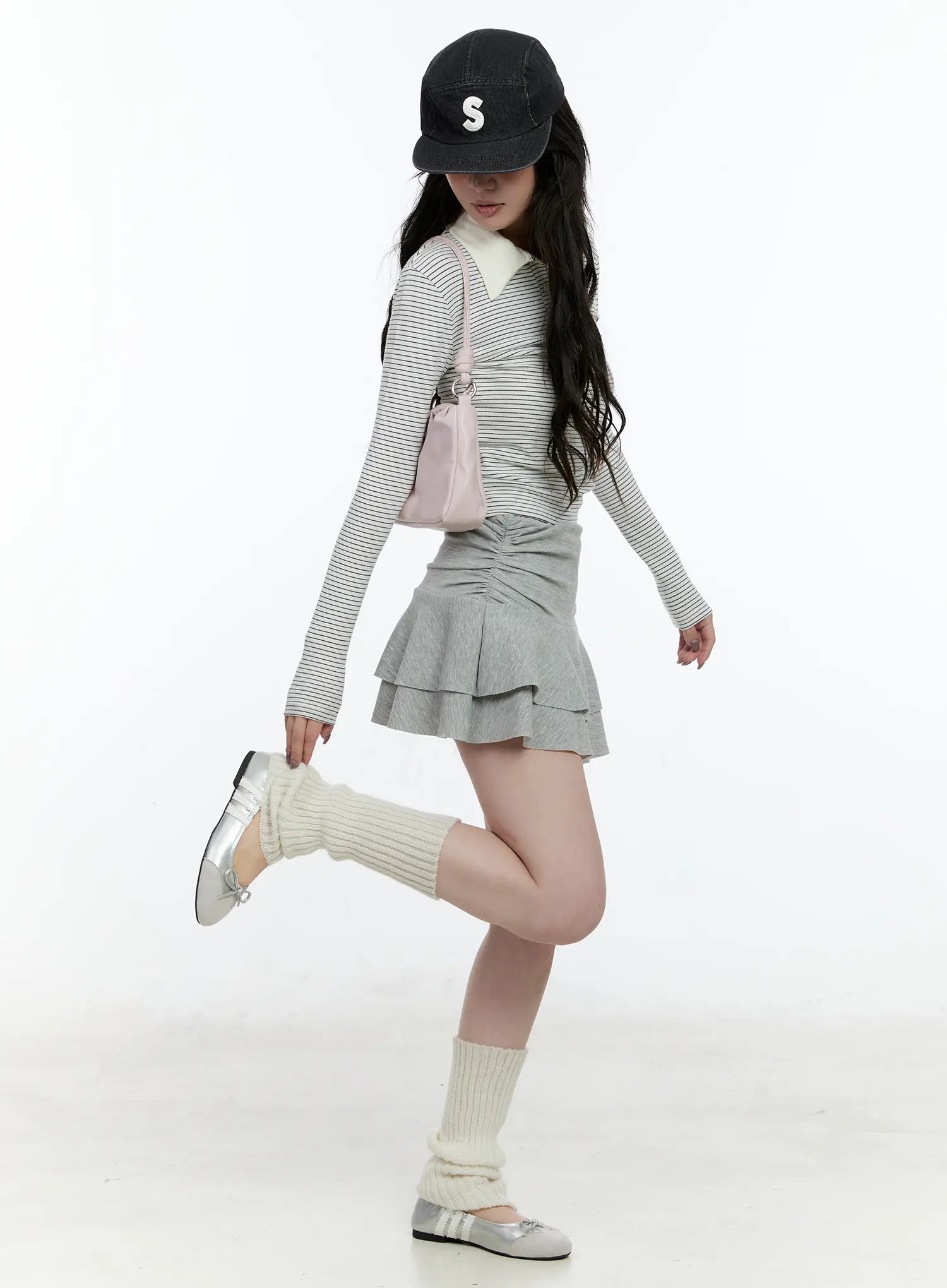 striped-collar-long-sleeve-top-cn517 / Light gray