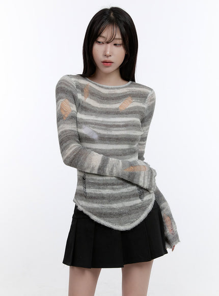 stripe-destroyed-long-sleeve-knit-top-co419 / Light gray