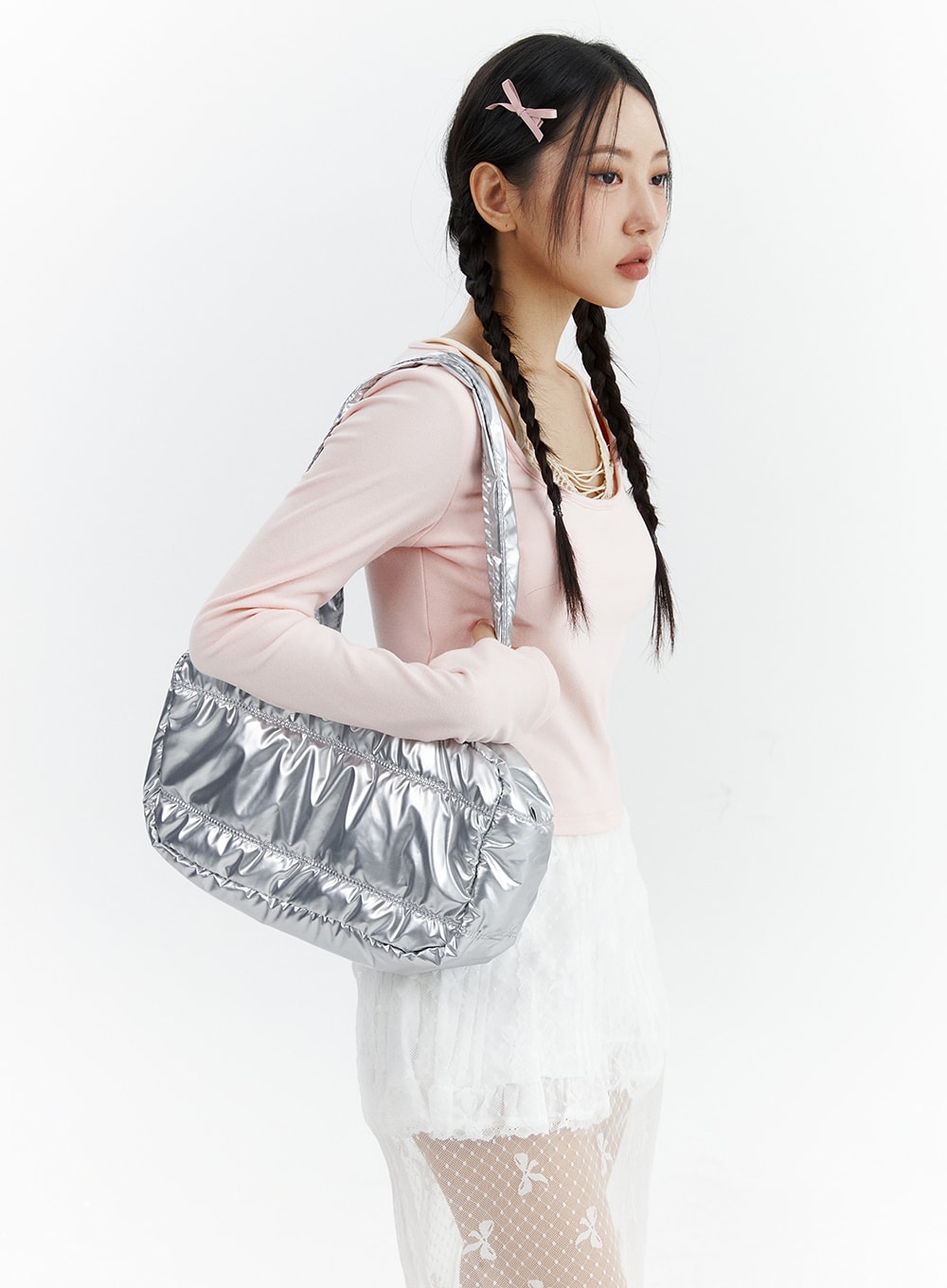 metallic-padded-shoulder-bag-cj423 / Light gray