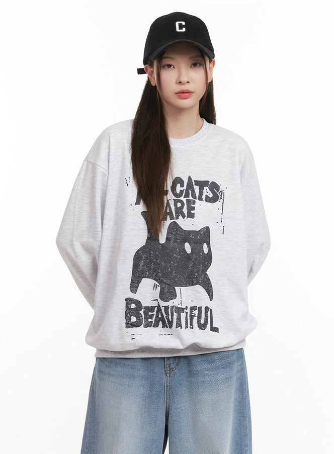 oversized-cat-graphic-crew-neck-ij527 / Light gray