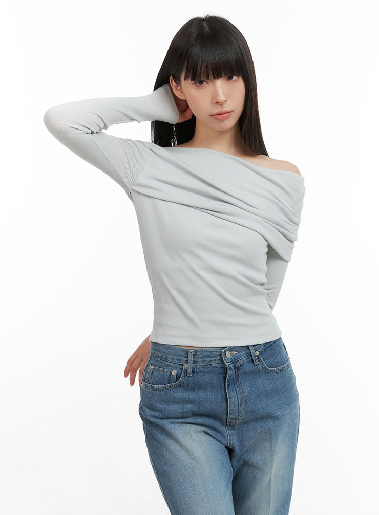 shirred-one-shoulder-crop-top-cg419 / Light gray