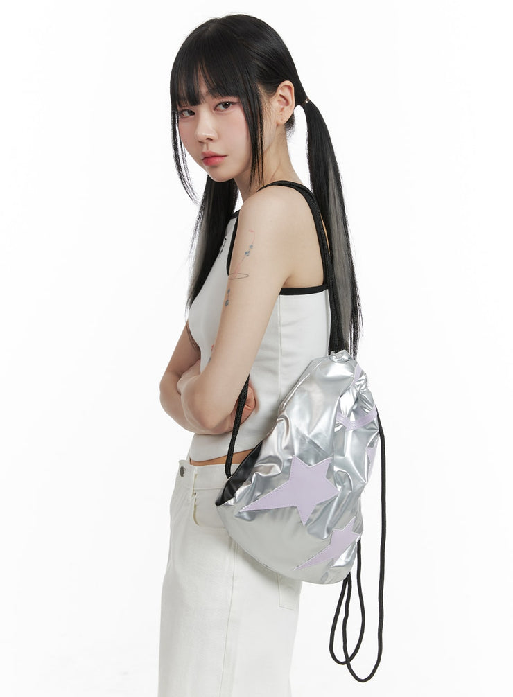 metallic-star-drawstring-backpack-om426 / Light gray