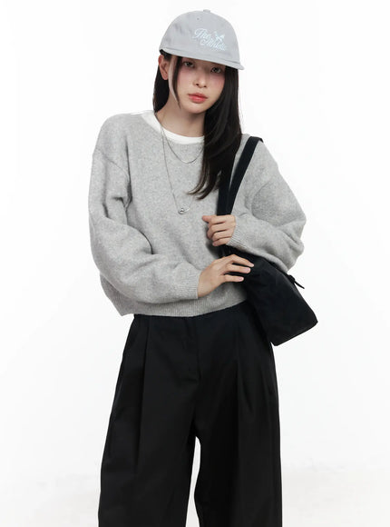 round-neck-knit-sweater-top-if520 / Light gray