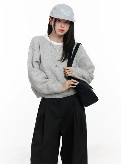 round-neck-knit-sweater-top-if520 / Light gray