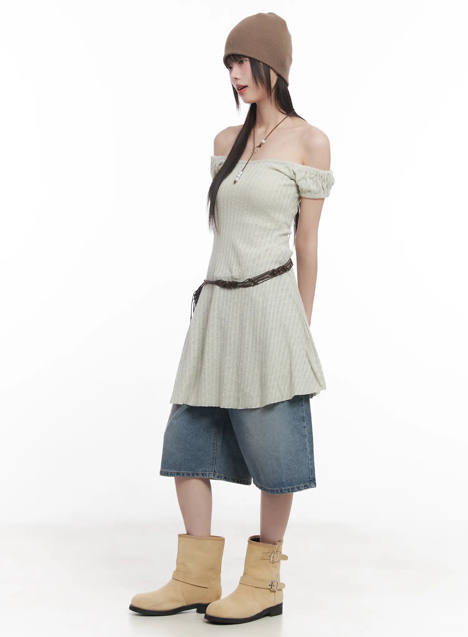 Off-Shoulder Flared Midi Dress CU518 - Light beige S/M Off-Shoulder Flared Midi Dress CU518 - Light beige S/M