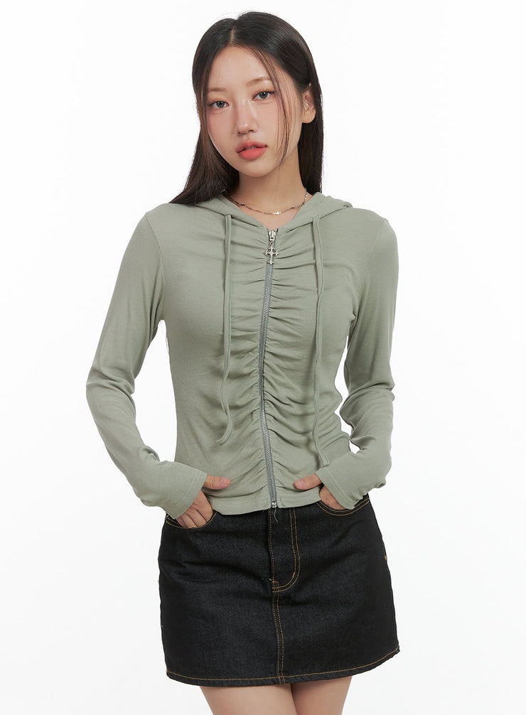 shirred-crop-hoodie-zip-up-co402 / Light green