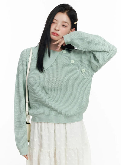 diagonal-button-collar-knit-top-cj519 / Light green