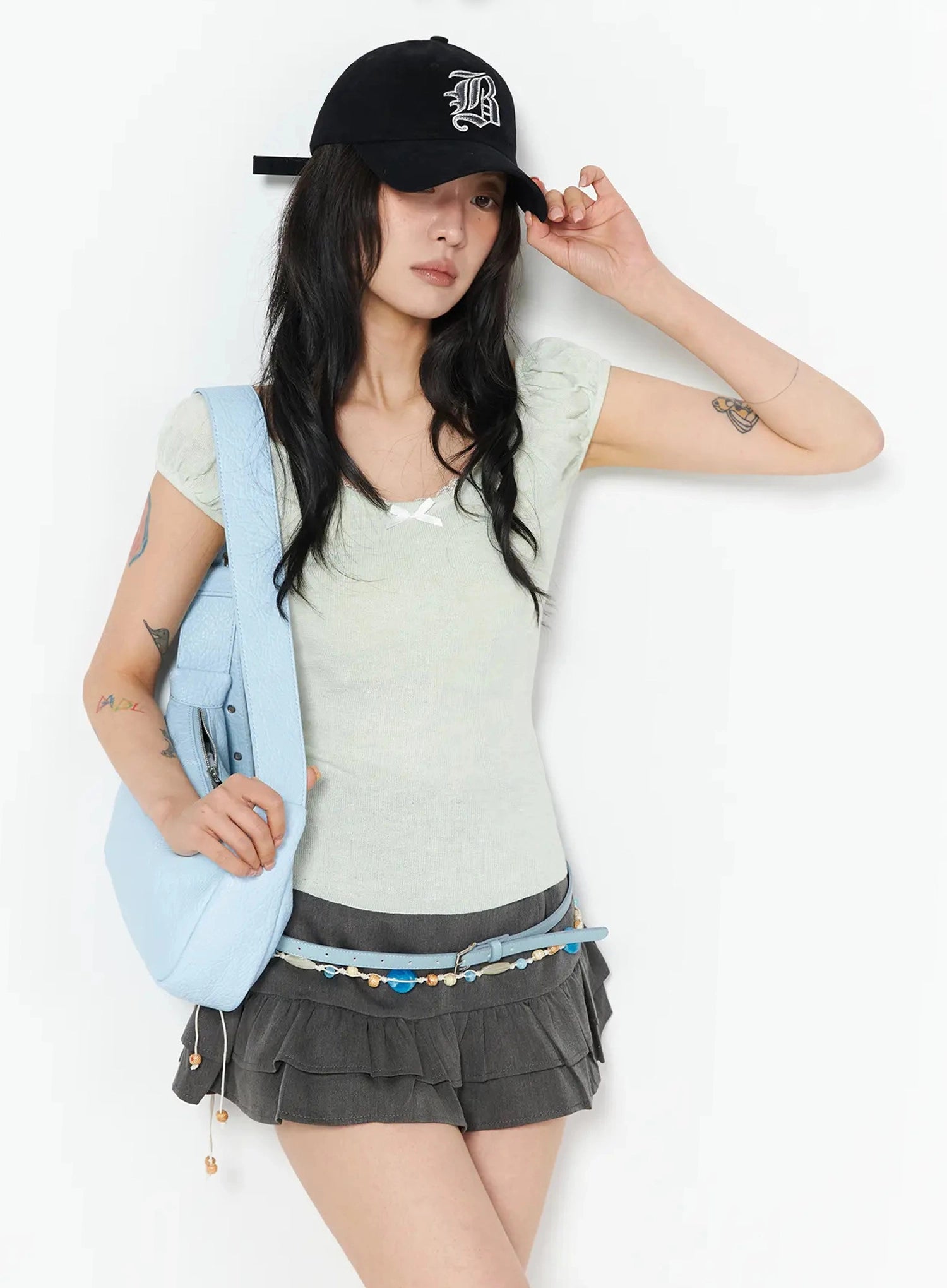 lace-trim-puff-short-sleeve-top-iu508 / Light green