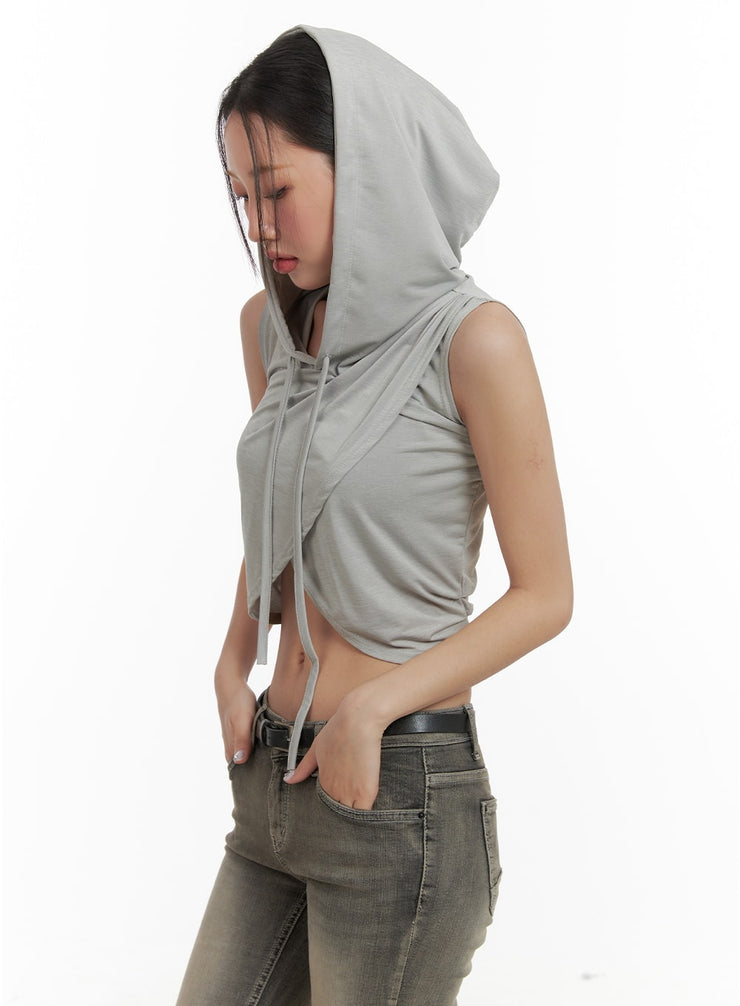 unbalanced-wrap-sleeveless-cropped-hoodie-ca416 / Light green