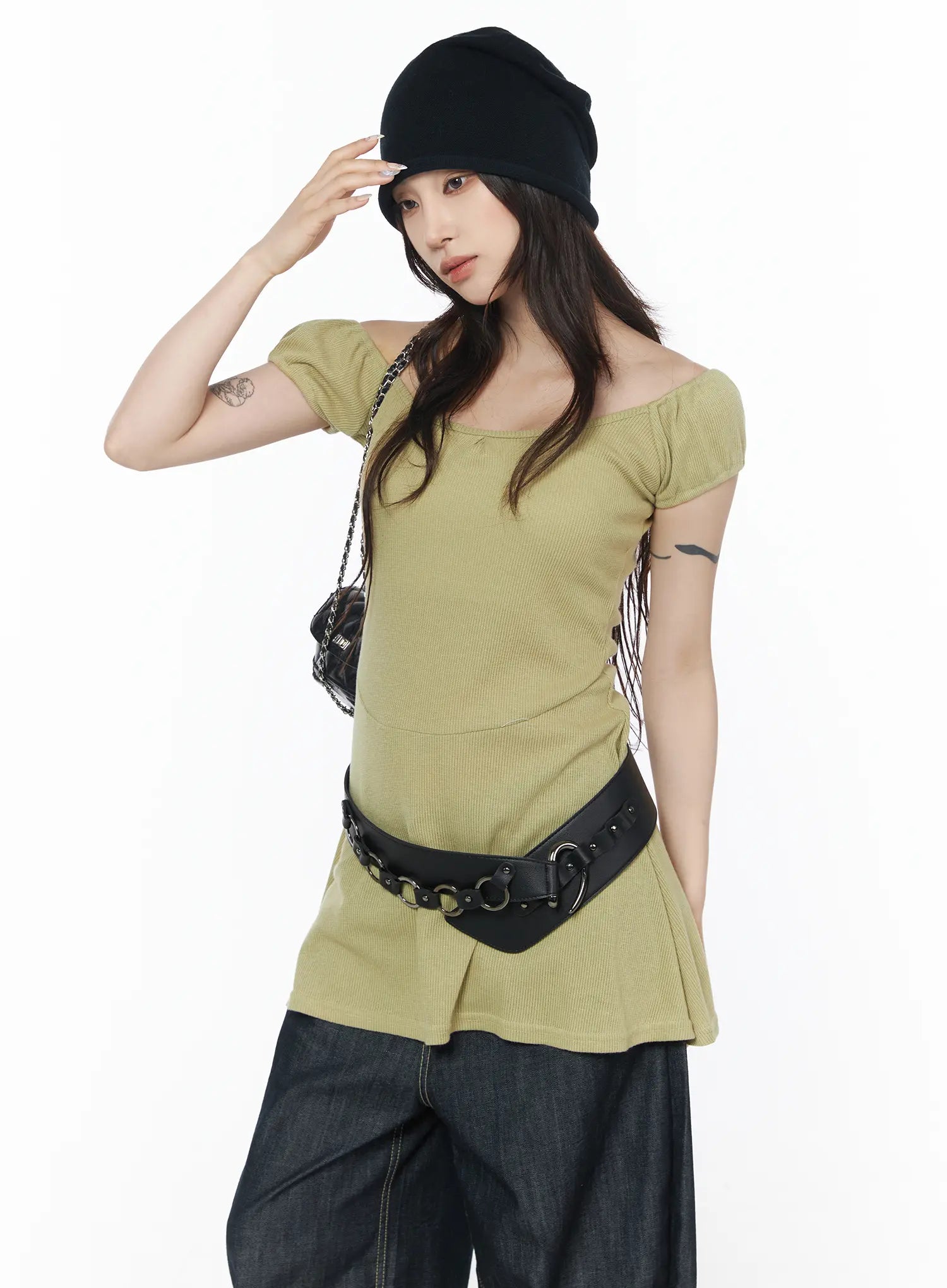 off-shoulder-flare-mini-dress-cu510 / Light green