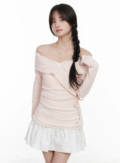 lace-off-shoulder-ribbed-top-cm527 / Light pink