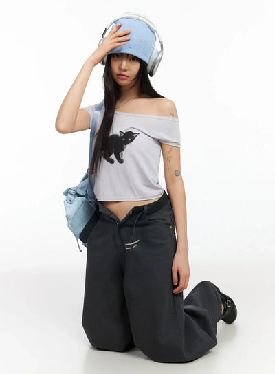 cat-graphic-off-shoulder-crop-top-ia523 / Light purple
