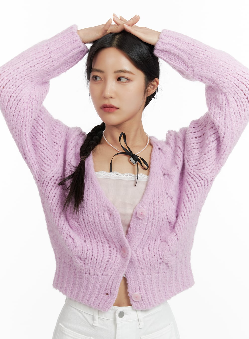 cable-knit-solid-cardigan-of416 / Light purple