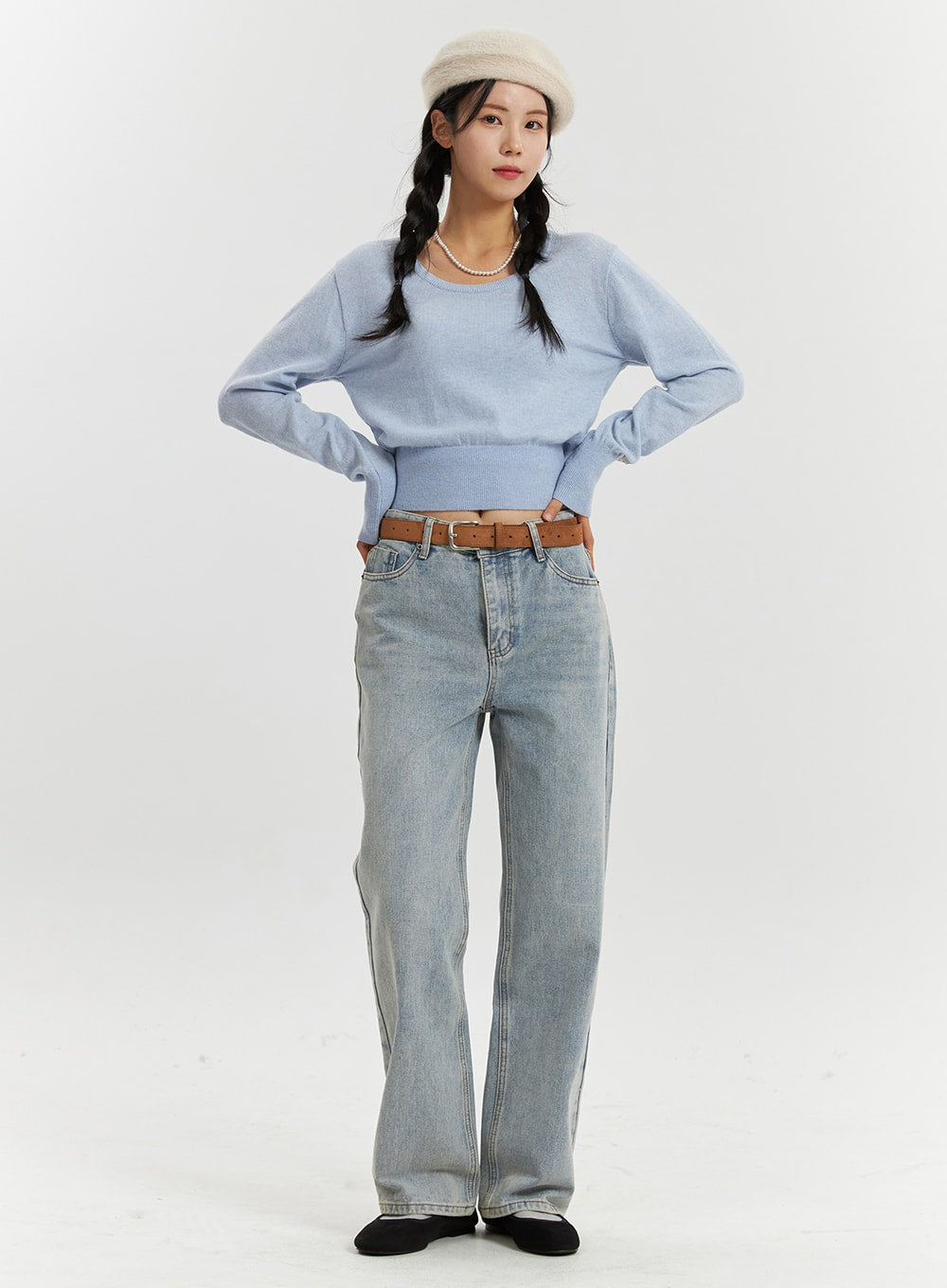 LEWKIN High-Waisted Full-Length Straight Leg Jeans OD320 in light blue, full-body front shot on model, washed denim straight fit, paired with cropped blue knit and tan belt.