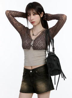 sheer-lace-crop-cardigan-ca503 / Mocha