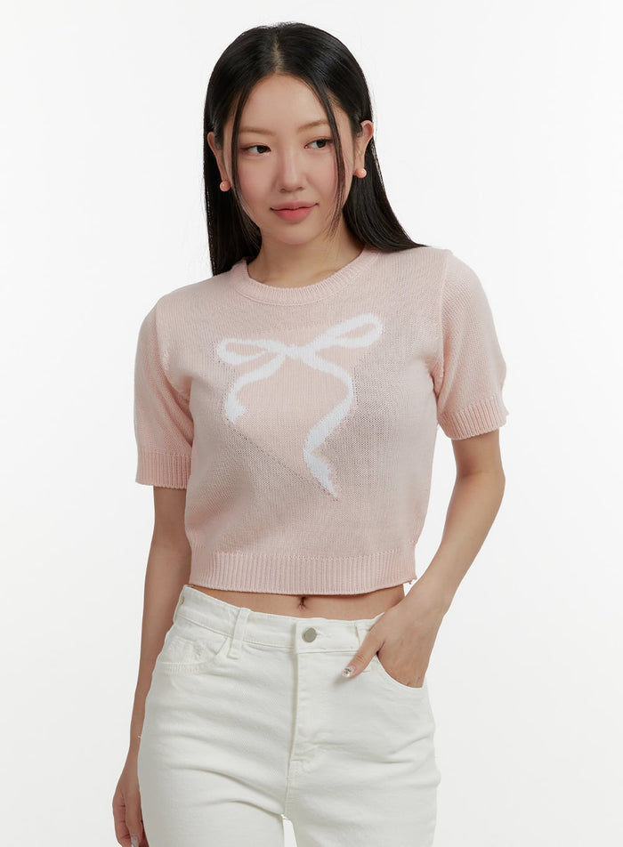 ribbon-graphic-short-sleeve-sweater-oy413 / Pink
