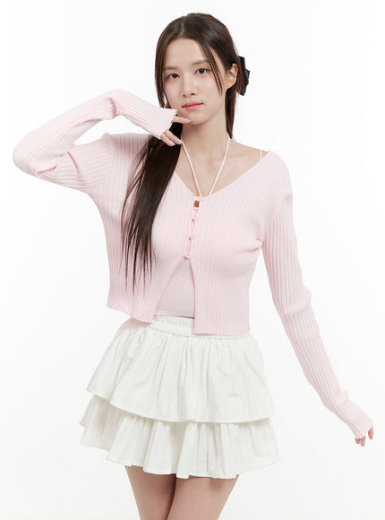 cable-knit-v-neck-cardigan-og428 / Pink