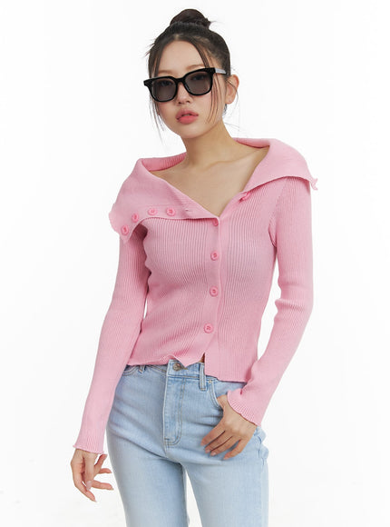 open-collar-buttoned-knit-top-om428 / Pink