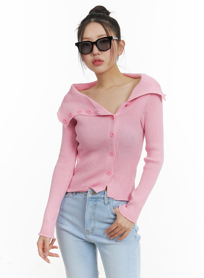 open-collar-buttoned-knit-top-om428 / Pink