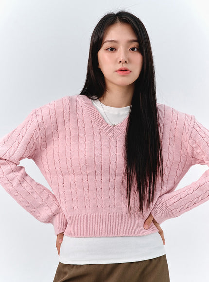 cable-knit-v-neck-sweater-oo316 / Pink