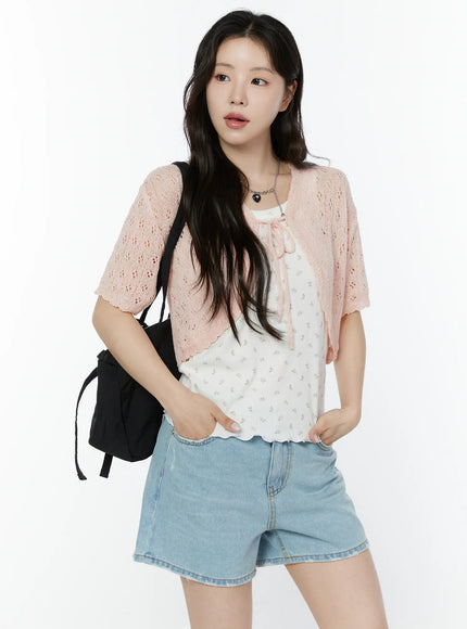 half-sleeve-lace-knit-cardigan-iy507 / Pink