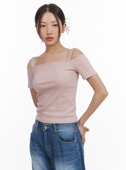 off-shoulder-short-sleeve-tee-cy423 / Pink