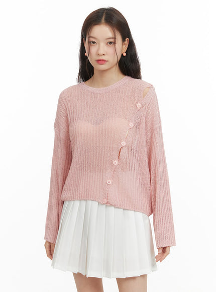 unbalanced-buttoned-hollow-out-sweater-oy421 / Pink