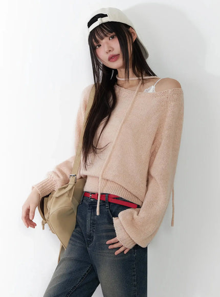 chic-off-shoulder-knit-sweater-and-thin-scarf-set-f517 / Pink