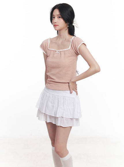 ribbon-lace-square-neck-crop-top-cy523 / Pink