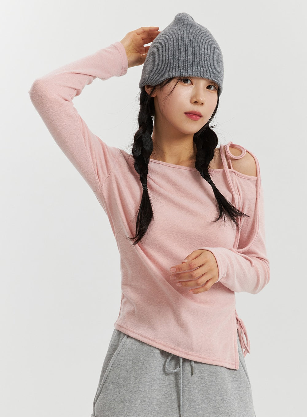 rib-and-shoulder-asymmetrical-drawstring-tee-od320 / Pink