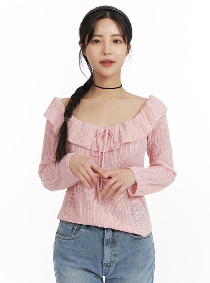 off-shoulder-ruffle-knit-top-of422 / Pink