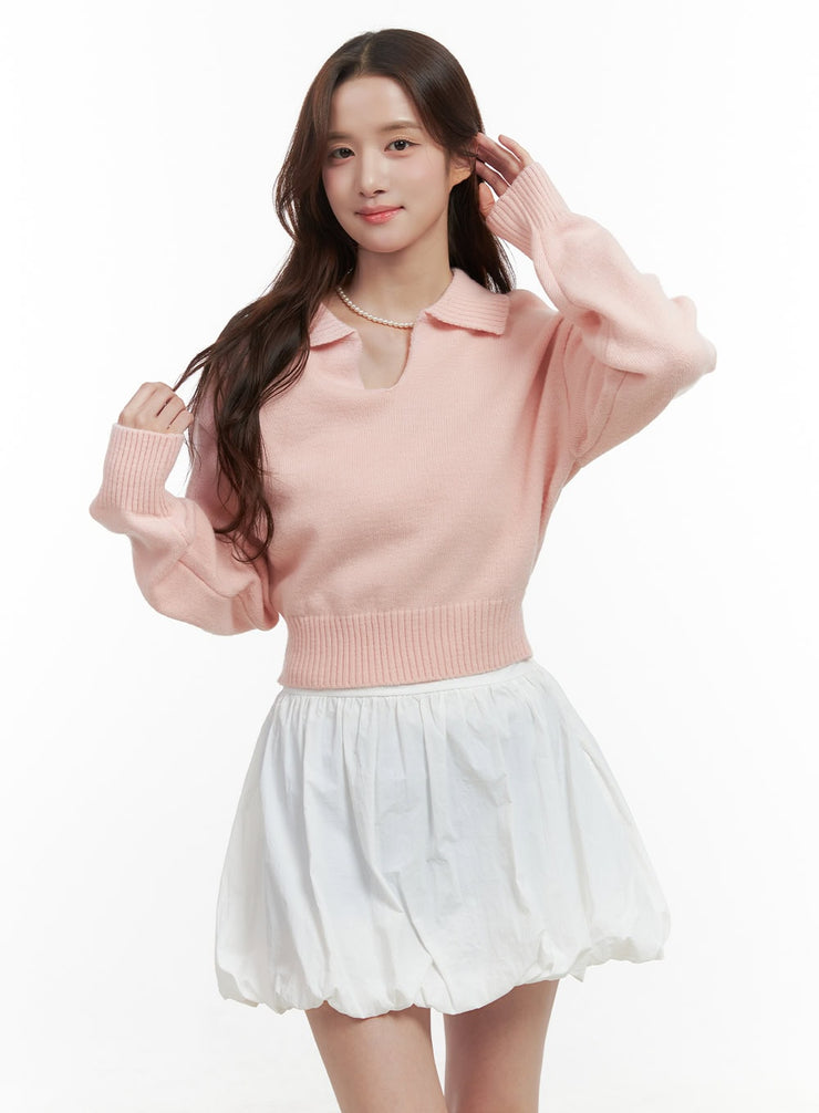 knit-collared-crop-sweater-oo421 / Pink