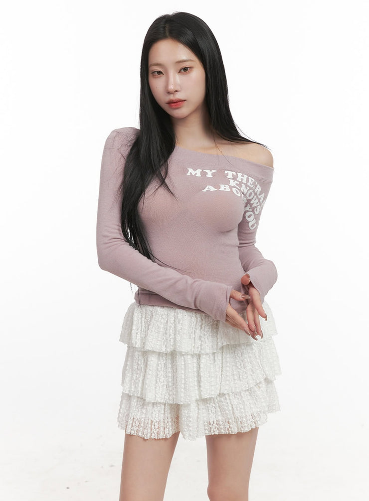 one-shoulder-long-sleeve-crop-top-cj516 / Pink