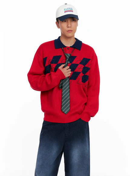 mens-argyle-henley-knit-is510 / Red
