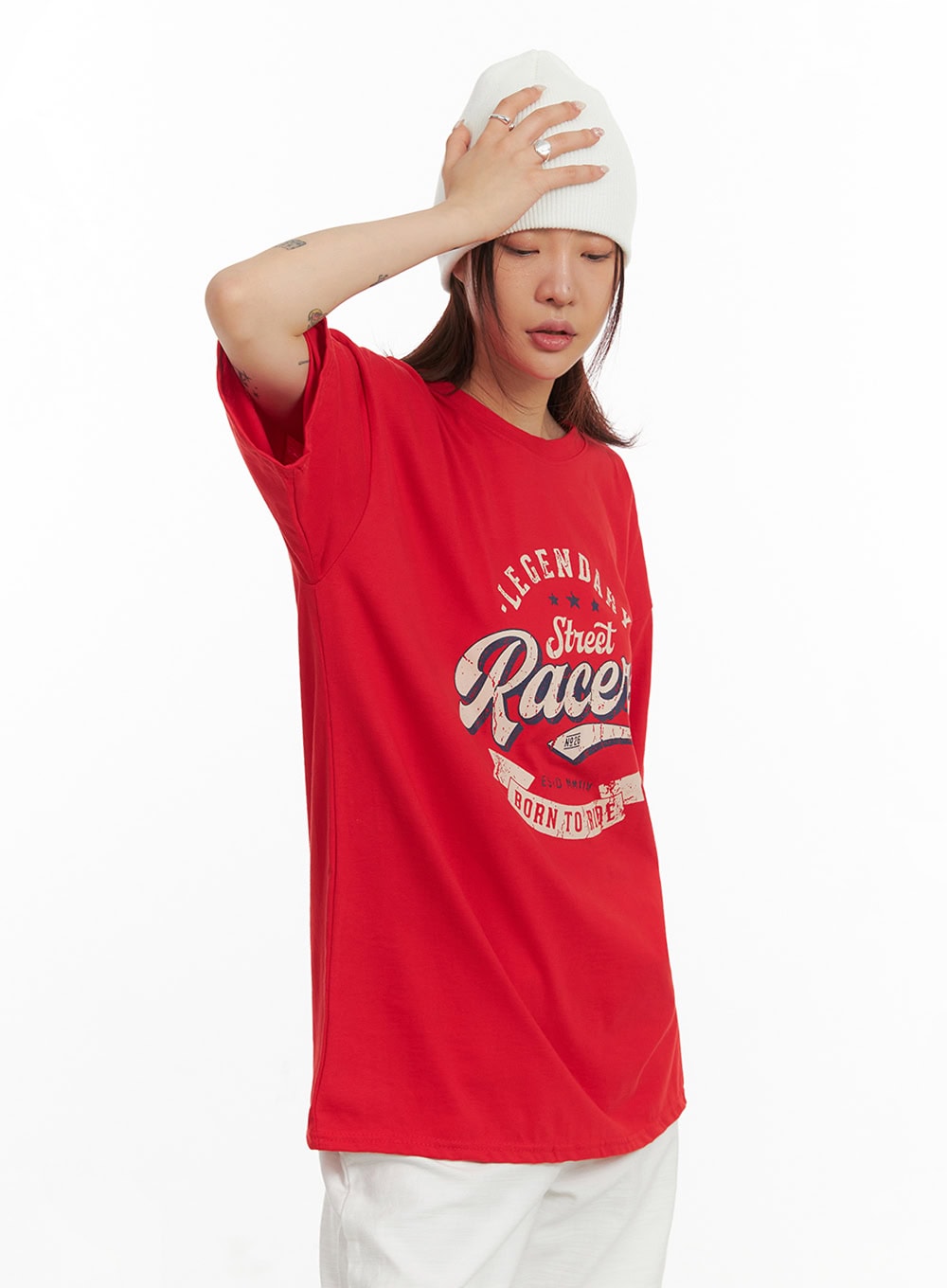 oversize-graphic-lettering-tee-iy410 / Red