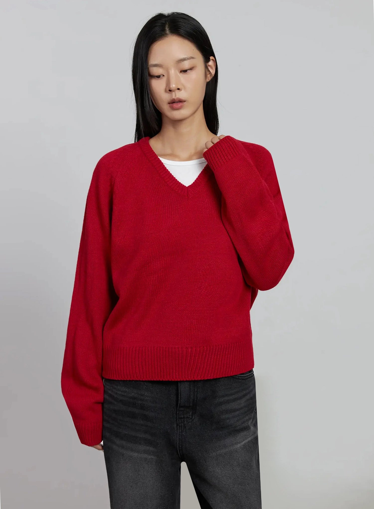 v-neck-oversized-knit-sweater-im520 / Red