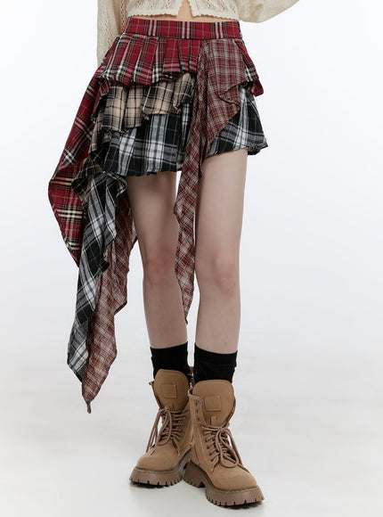 asymmetrical-ruffle-checkered-mini-skirt-cg412 / Red