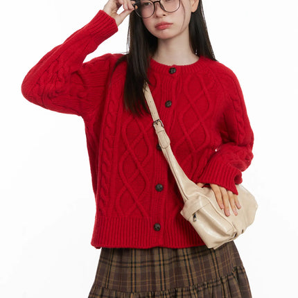 oversized-chunky-cable-knit-cardigan-cj506 / Red