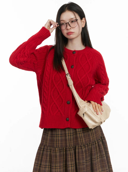 oversized-chunky-cable-knit-cardigan-cj506 / Red