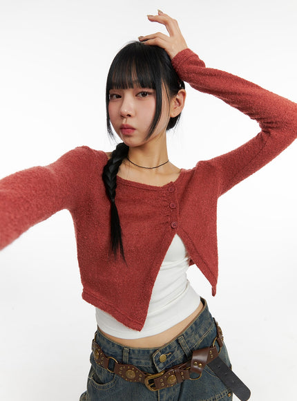 wool-blend-round-neck-unbalanced-button-cardigan-cj411 / Red