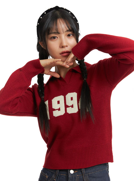 crop-collar-lettering-sweater-oj404 / Red