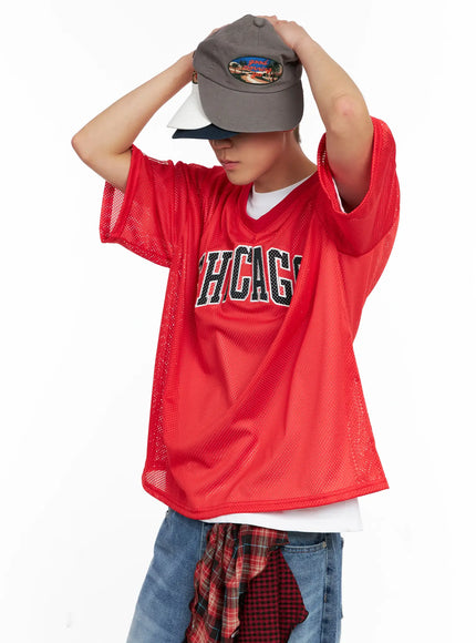 mens-chicago-mesh-v-neck-jersey-tee-ig511 / Red