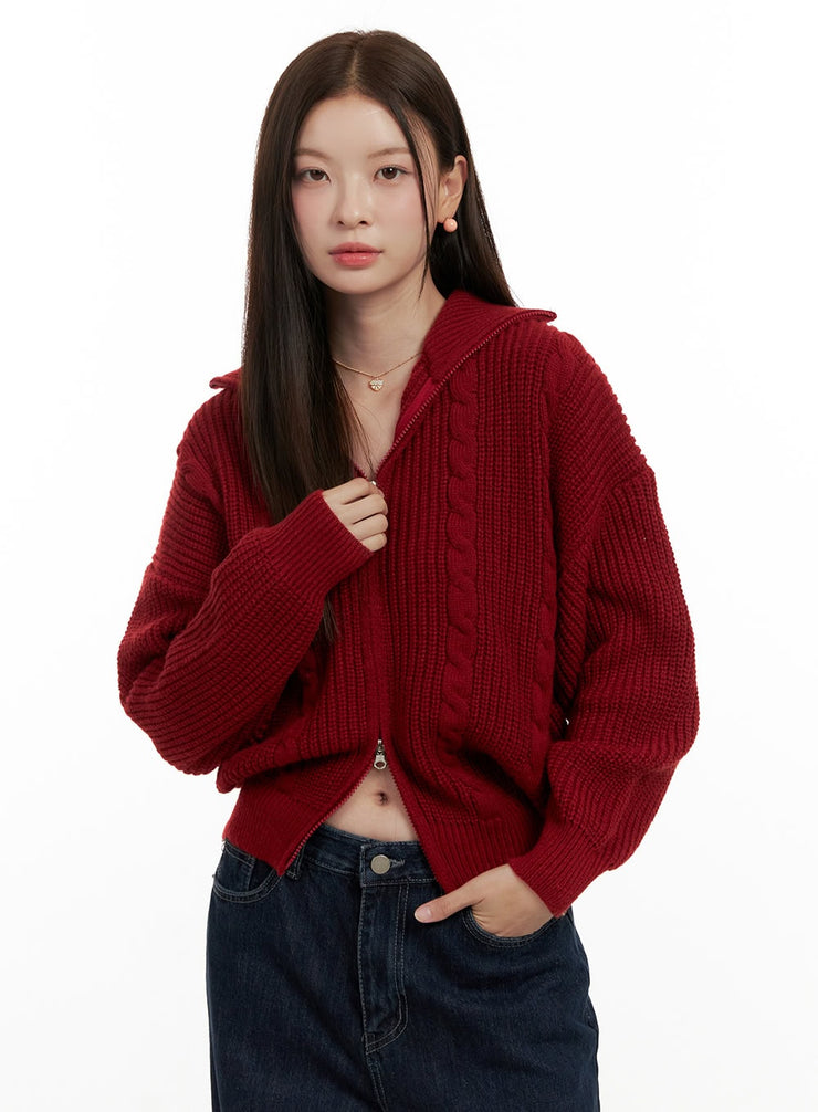 cable-knit-double-zip-cardigan-on422 / Red